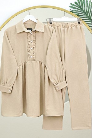 Önü Fırfırlı Yarım Düğmeli Keten Takım -Bej