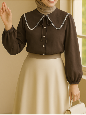 Bebe Yaka Dantelli Kolu Lastikli Gömlek -Kahve