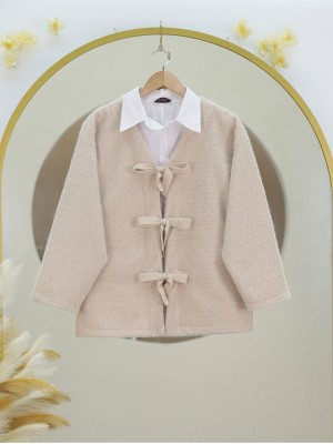 Önü Bağlamalı Kırçıllı Kaşe Ceket -Bej