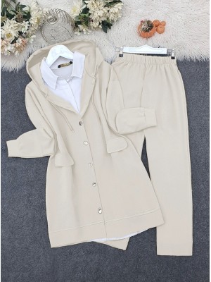 Kapşonlu Kapaklı Cepli Pantolonlu Takım    -Bej