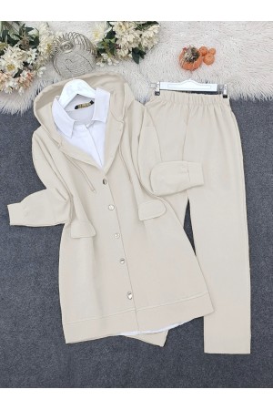 Kapşonlu Kapaklı Cepli Pantolonlu Takım    -Bej