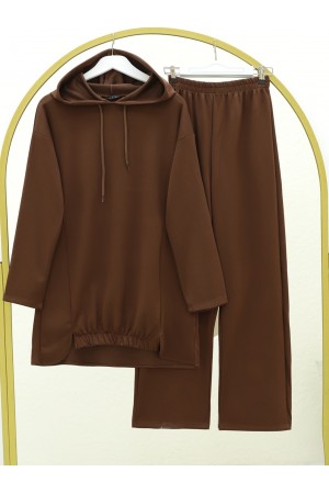 Etek Ucu Lastik Detaylı Osyho Kumaş Kapşonlu Takım -Kahve