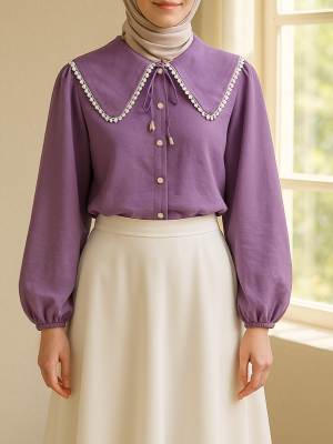 Bebe Yaka Dantelli Kolu Lastikli Gömlek -Lila