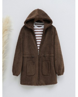 Beli Lastikli Kapşonlu Fermuarlı Peluş Mont -Kahve