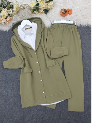 Kapşonlu Kapaklı Cepli Pantolonlu Takım -Haki