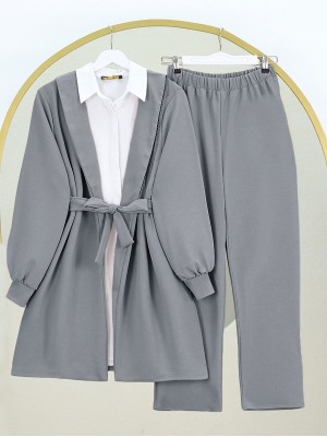 Metal Tassel Collar Belted Jacket Trouser Set -Grey