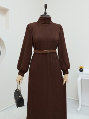 Turtleneck Belted Lycra Dress -Brown