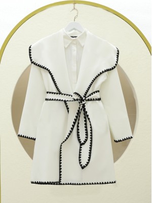 Embroidered Belted Baby Collar Kimono -White