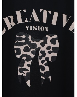 Round Neck Bow Printed Leopard Skirt Suit -Black