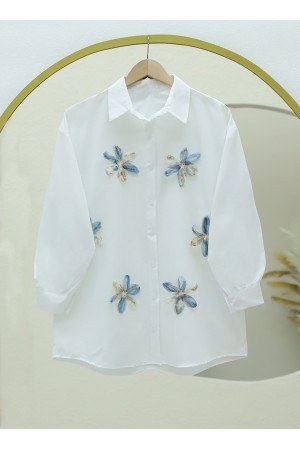 Pullu Çiçek Detaylı Düğmeli Gömlek -İndigo