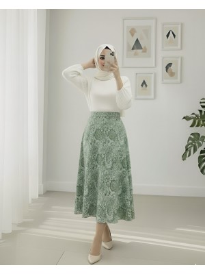 Beli Lastikli Etnik Desen Kloş etek -Yeşil