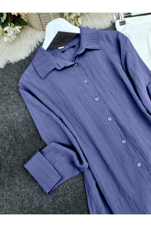 Striped Patterned Long Back Buttoned Shirt -İndigo