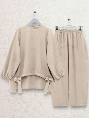 Önden Büzmeli Şalvar Pantolon Ayrobin Salaş Takım   -Bej