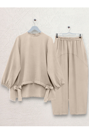 Front Gathered Shalwar Trousers Ayrobin Casual Suit    - Beige