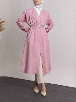 Kolu ve Beli Lastikli Çıtçıtlı Keten Kap -Pudra