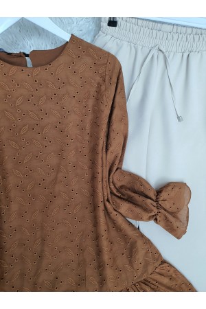 تونيك بأكمام مرنة وتنورة مقطعة -بني كاشف