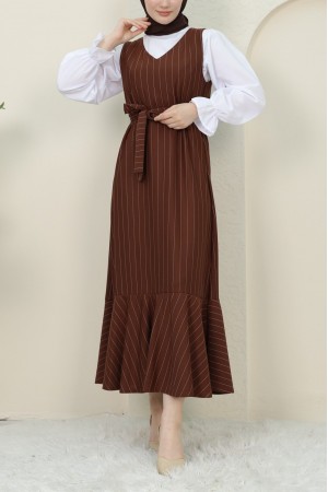 Çizgili Beli Kuşaklı Gömlek Jile Takım -Kahve