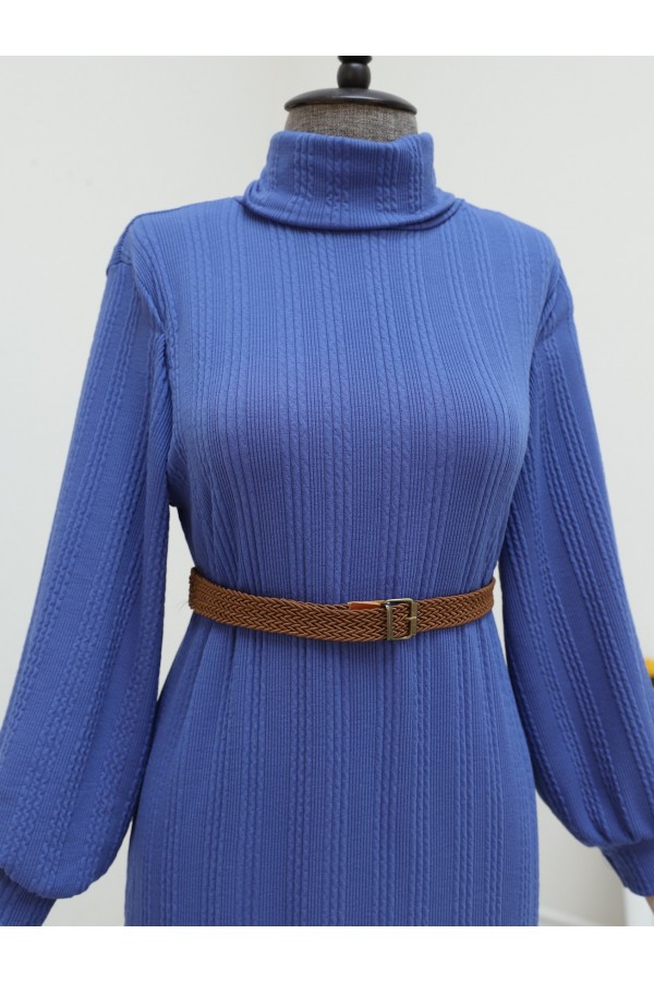 Turtleneck Belted Lycra Dress -İndigo
