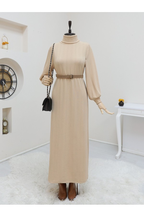 Turtleneck Belted Lycra Dress -Mink color