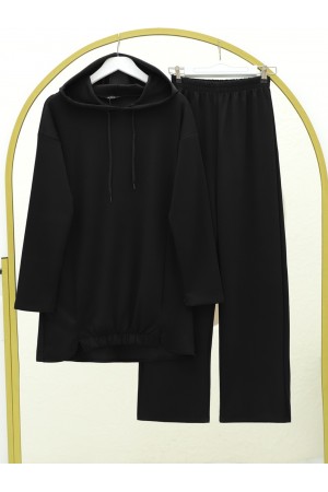 Etek Ucu Lastik Detaylı Osyho Kumaş Kapşonlu Takım -Siyah