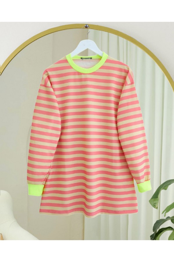 Colorful Striped Round Neck Sweater  -Orange