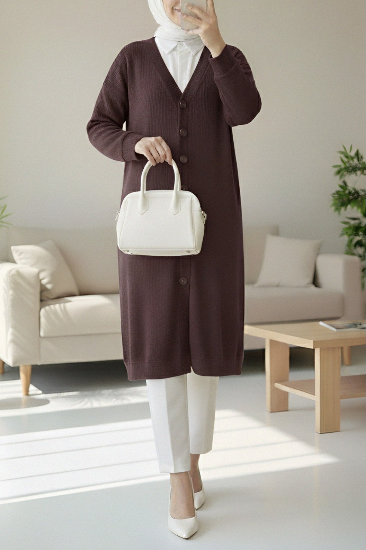 Corduroy Fabric Buttoned Long Cardigan   -Damson