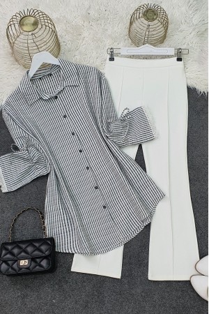 Laced Sleeve Striped Shirt -Black