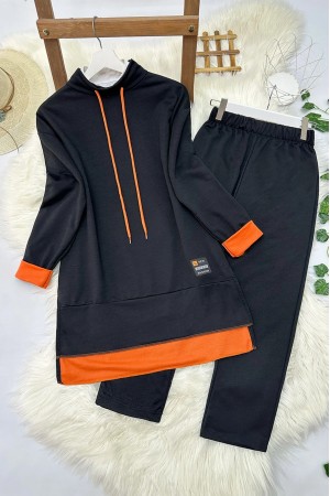 Turuncu Detaylı İki İp Penye İkili Takım  -Siyah