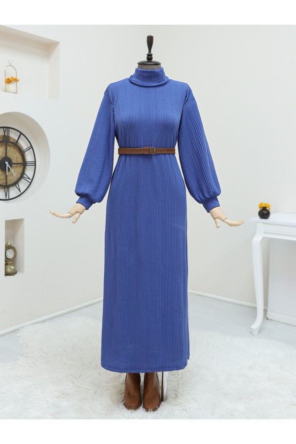 Turtleneck Belted Lycra Dress -İndigo