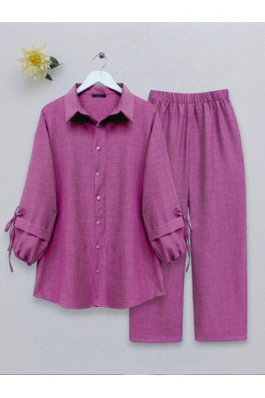 Kolu Lastikli Bağcık Detaylı İkili Takım   -Fuşya