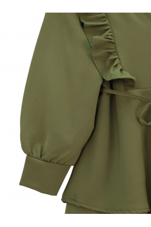 Kimono Set with Frilled Front Laced Skirt and Layered Trousers -Khaki