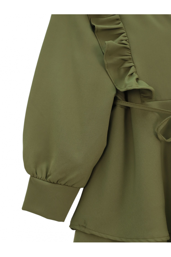 Önü Fırfırlı Bağcıklı Eteği Katlı Pantolonlu Kimono Takım -Haki