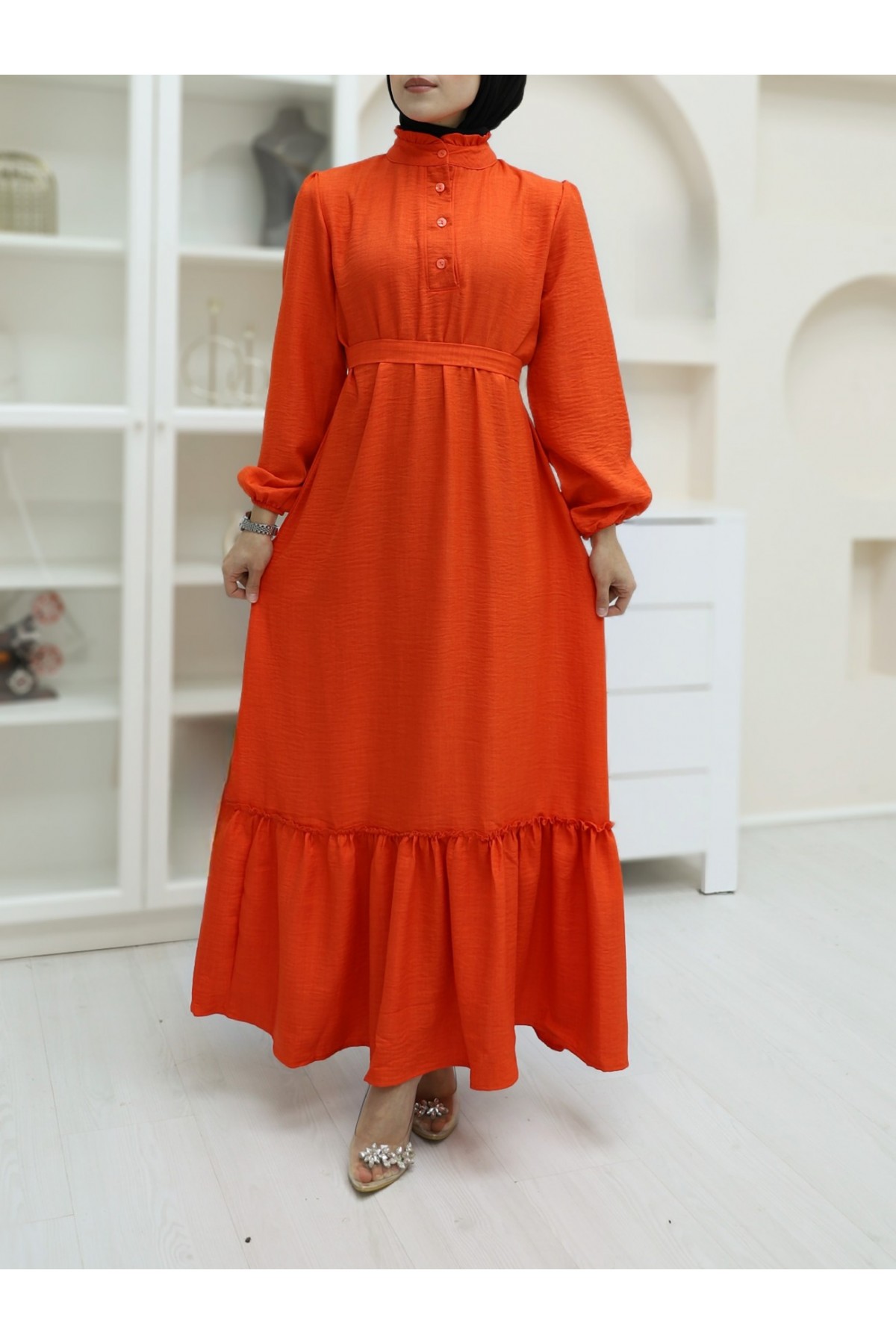 Linen Dress With Ruffled Collar, Button Detail And Pieced Skirt -Orange