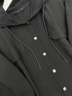 Metal Düğmeli Kapşonlu Pantolonlu İkili Takım  -Siyah