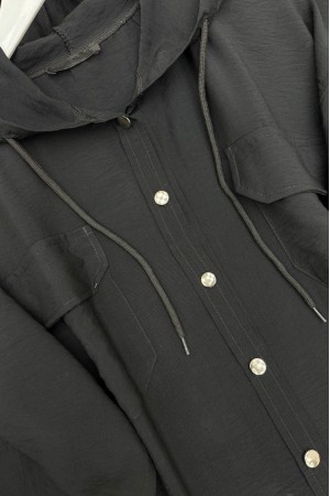 Metal Düğmeli Kapşonlu Pantolonlu İkili Takım  -Siyah