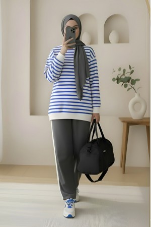 Yan Çizgili Bisiklet Yaka Sweat   -İndigo