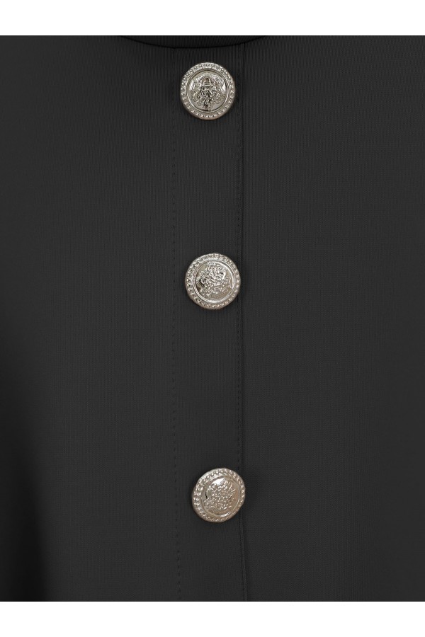 Button Detailed Stand Collar Ruffle Shoulder Scuba Suit  -Black