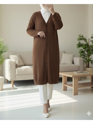 Fitilli Burgu Kumaş Düğmeli Uzun Hırka -Kahve