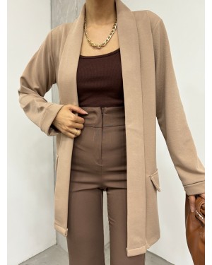 Crepe Jacket with Folded Collar and Sleeves and Pocket Detail -Mink color