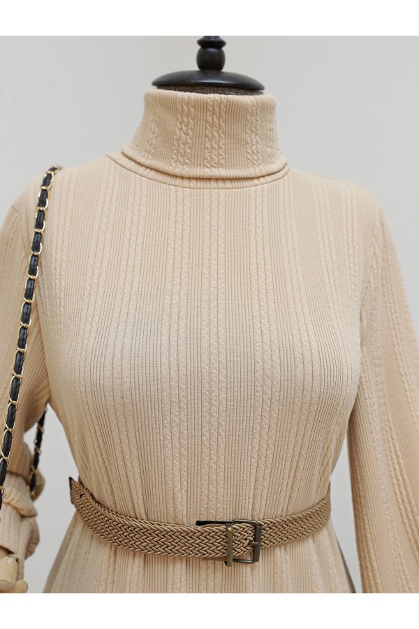Turtleneck Belted Lycra Dress -Mink color