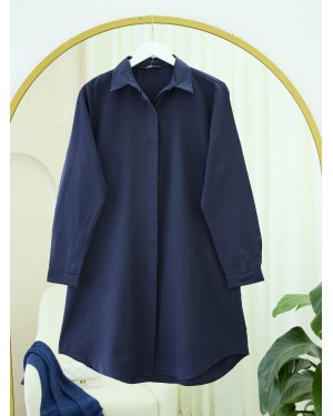 Oval Cut Long Shirt with Hidden Buttons -Navy blue