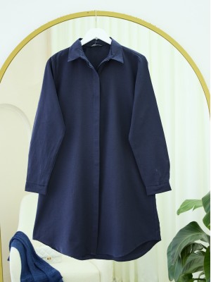 Gizli Düğmeli Oval Kesim Uzun Gömlek -Laci