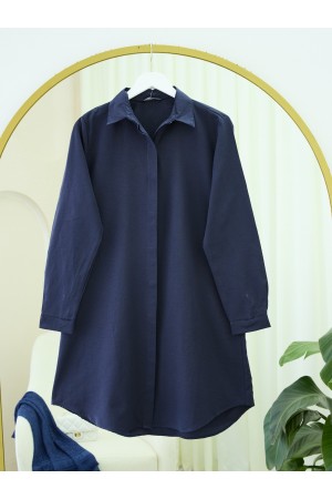 Gizli Düğmeli Oval Kesim Uzun Gömlek -Laci