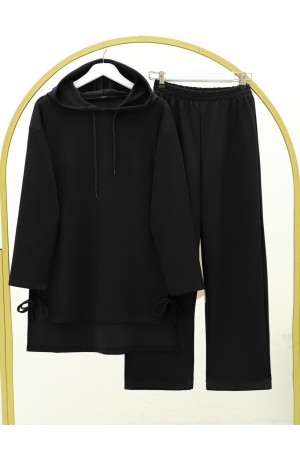 Oysho Fabric Hooded Set with Lace Detail on Slits -Black