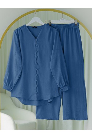 Ayrobin Suit with V-Neck Buttoned Trousers -İndigo