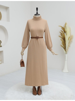 Turtleneck Corduroy Dress -Mink color