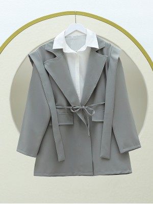 Pocket Detailed Waist Tie Jacket -Grey