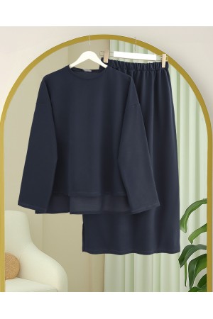Two-Piece Combed Cotton Suit with a Long Slit at the Back and Skirt -Navy blue