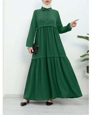 Partial Half Buttoned Sleeve Elastic Dress -Green
