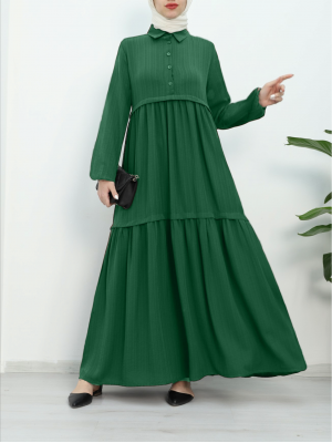 Partial Half Buttoned Sleeve Elastic Dress -Green